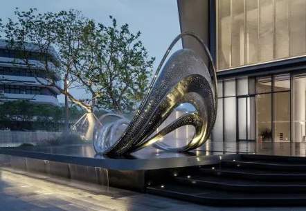 酒店镂空发光镜面水景不锈钢雕塑造型